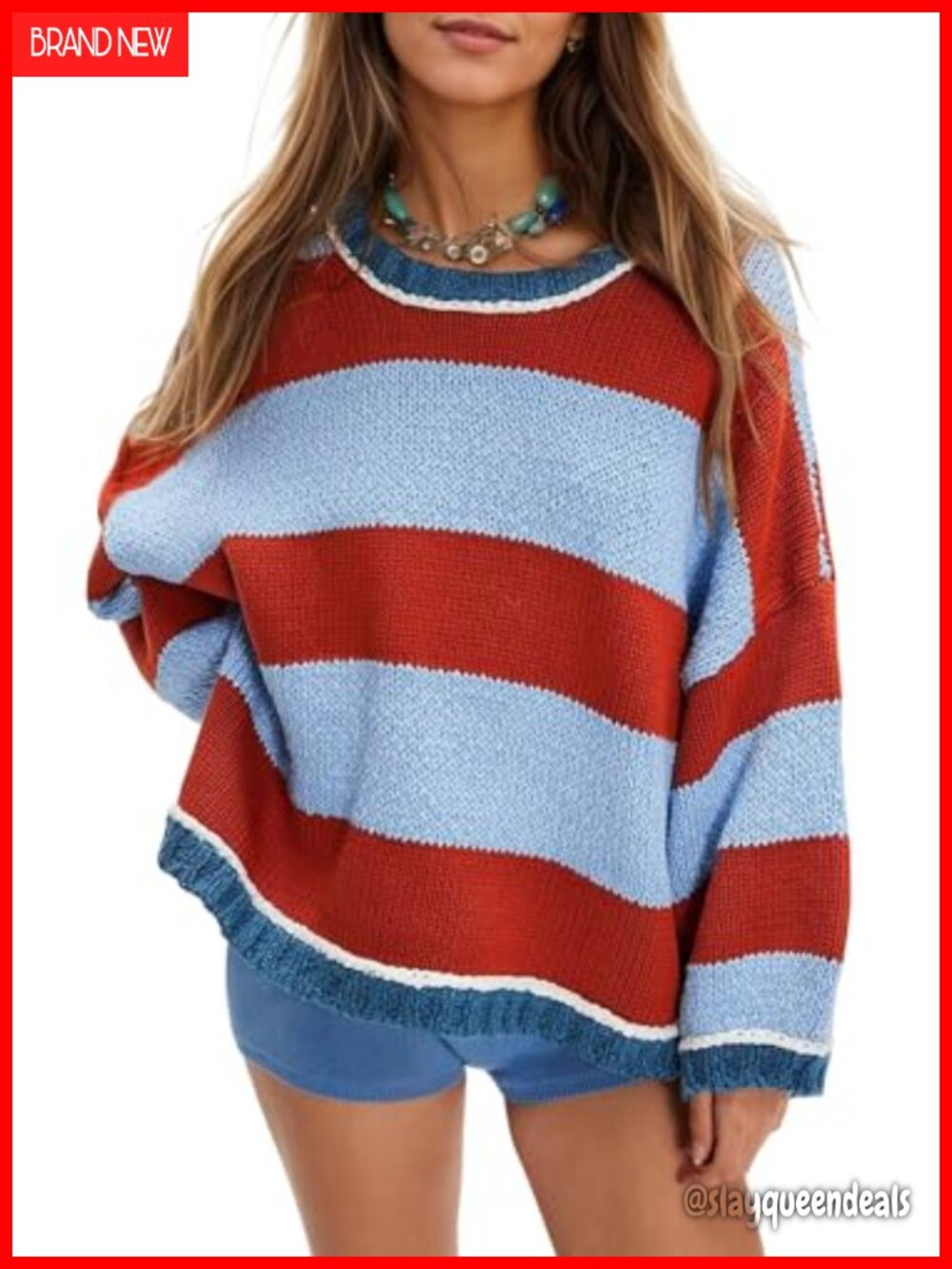 Womens Oversized Striped Chunky Knit Crewneck Pullover Sweater